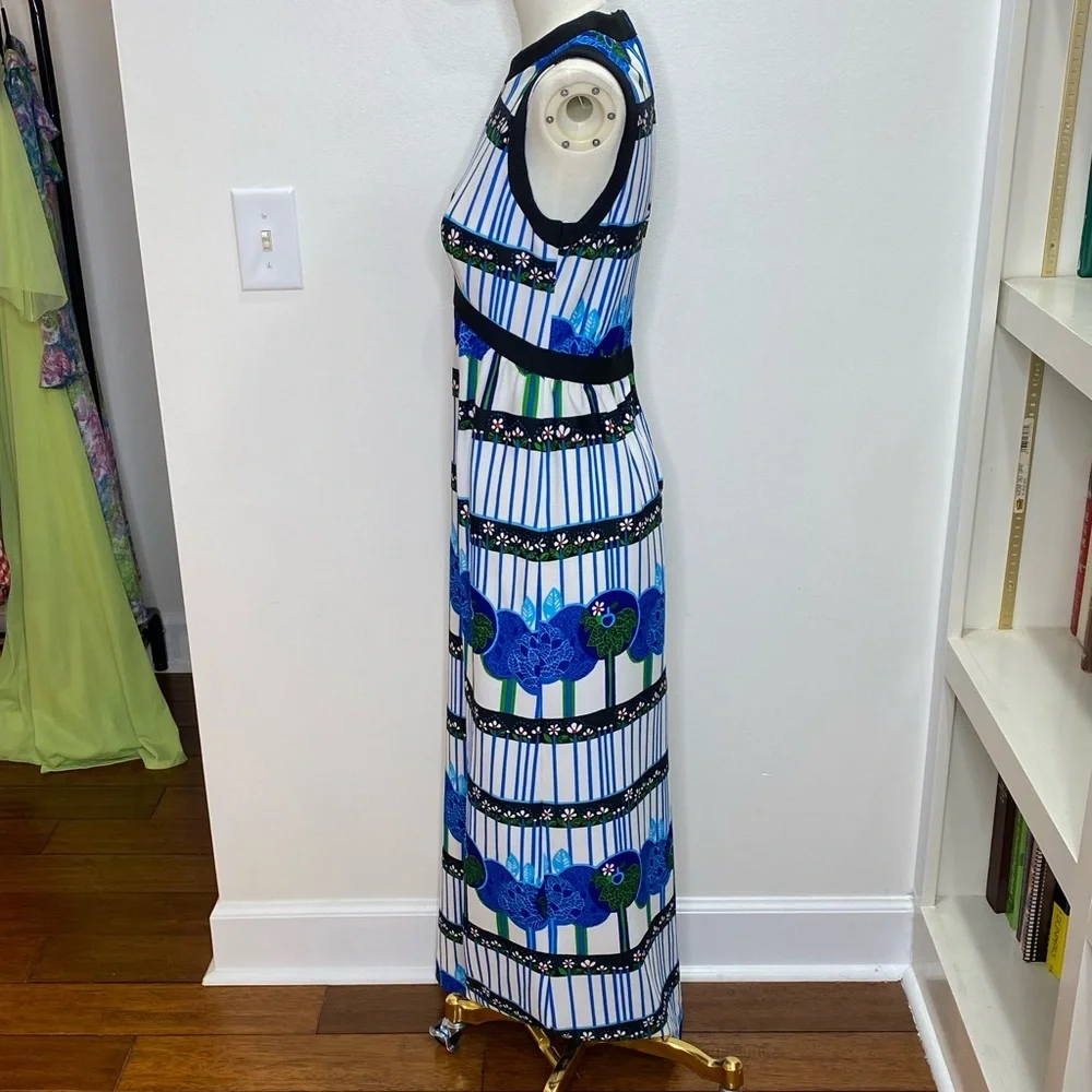 Vintage 70s Leslie Fay Novelty Whimsical Tree Forrest Print Hostess Maxi Dress - Picture 9 of 11